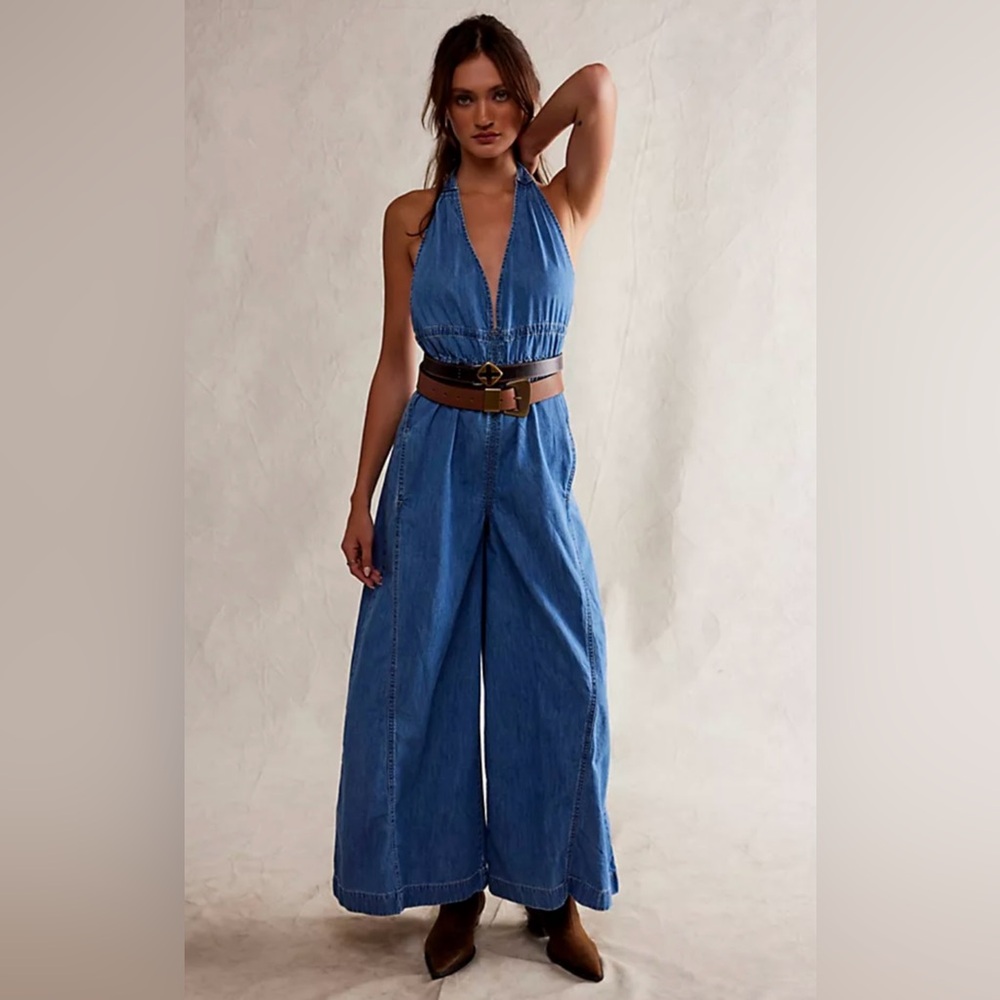 New Free People Sunrays One-Piece Denim Wide-Leg Jumpsuit We The Free - Picture 3 of 16